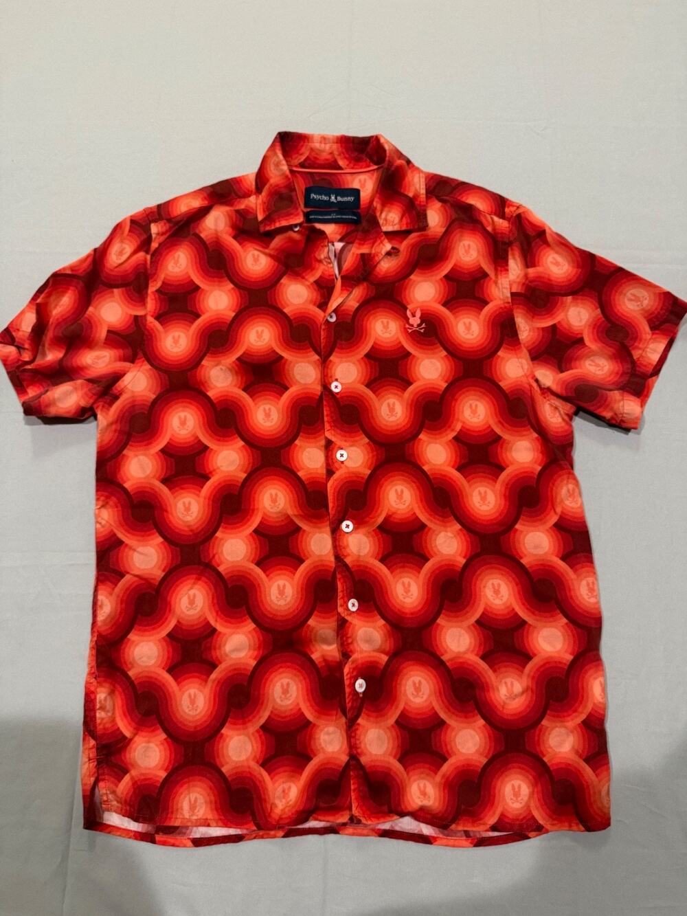 Psycho Bunny Paros Tencel Camp Shirt Men’s Small Hot Coral Geometric Print
